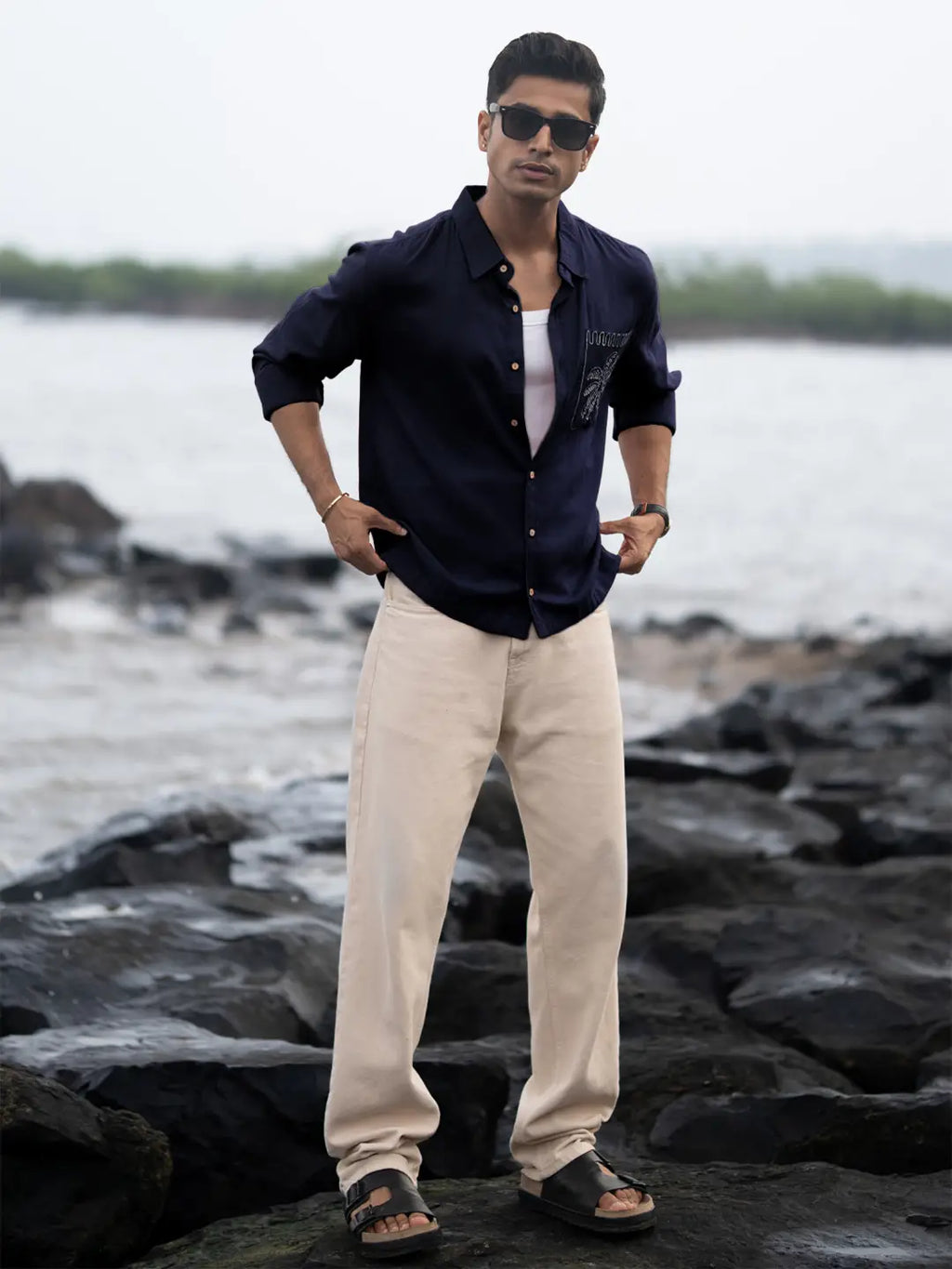 Navy linen blend Embroidery shirt