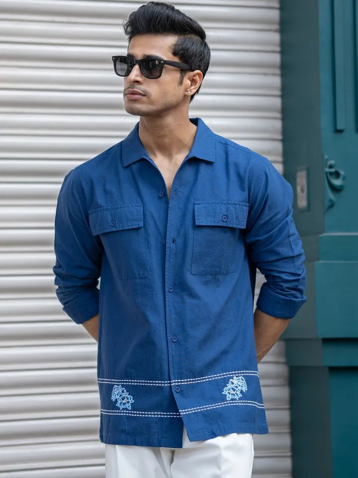 Blue embroidery utility shirt