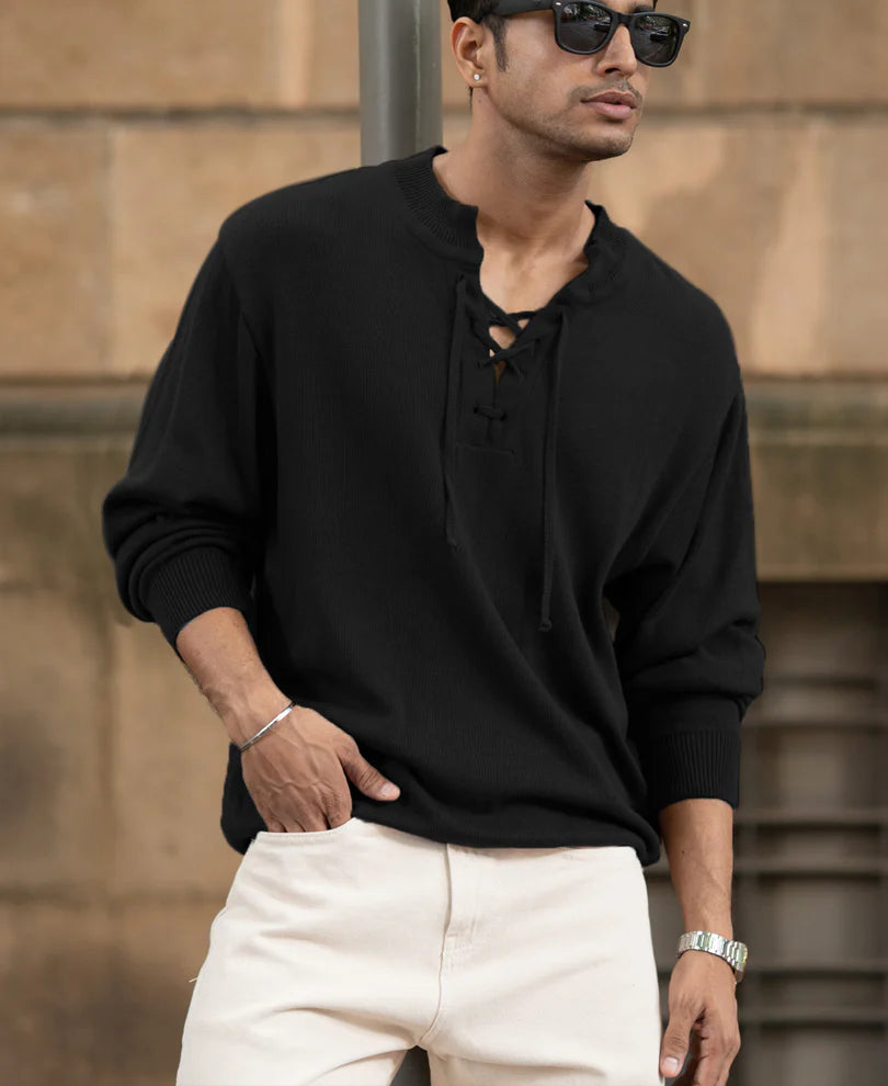 Men’s Knit Lace-Up Sweatshirt – Black