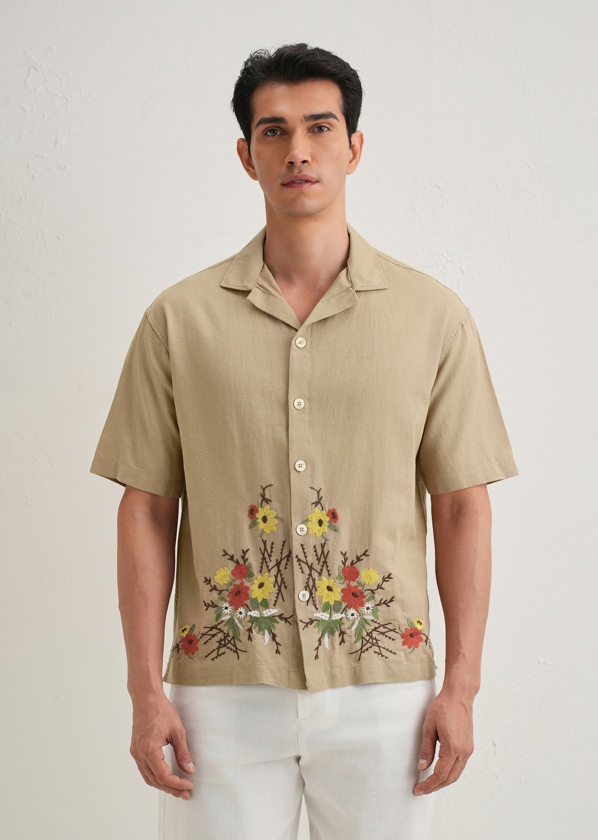 Beige floral embroidery shirt