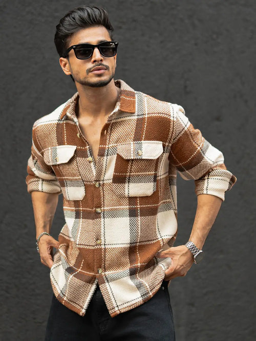 Brown & off white checked regular fit shirt