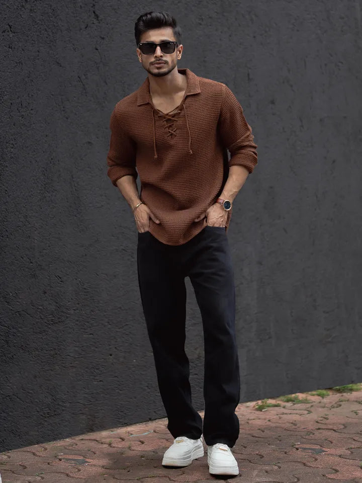 Textured lace-up knit shirt