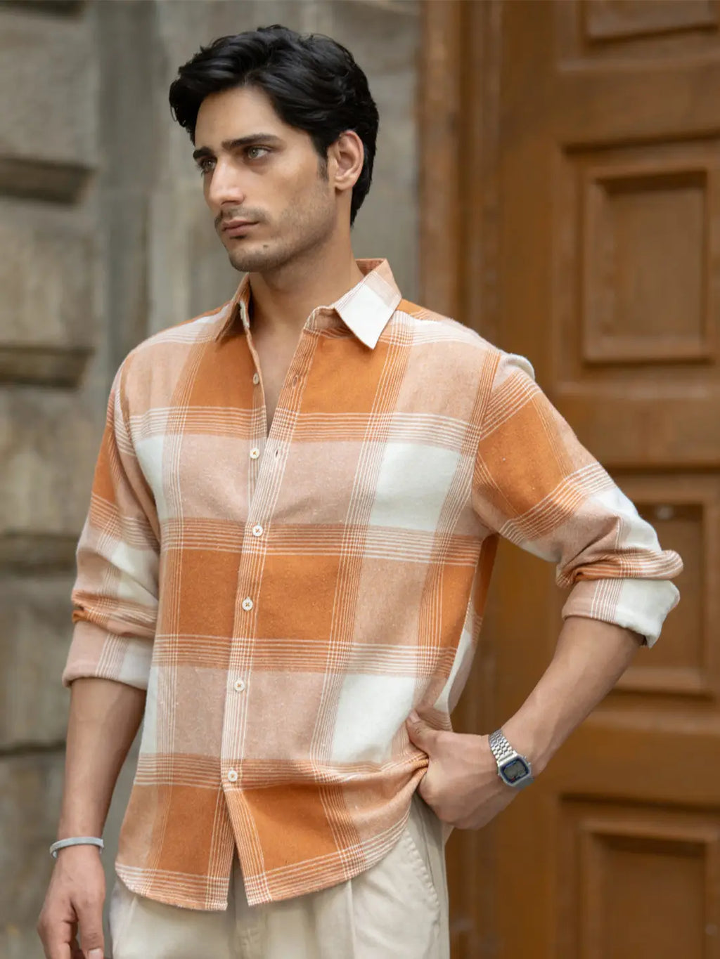 Rust Checked Spread Collar Long Sleeve Shirt