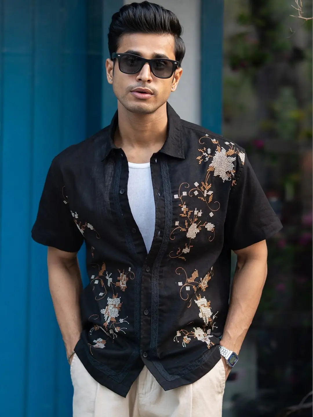 Floral Embroidered spread collar shirt