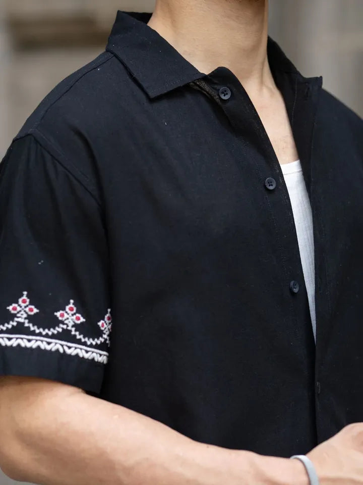 Black Embroidered Linen Shirt
