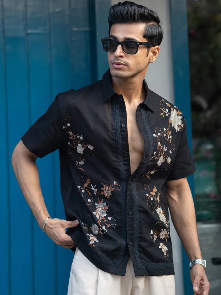 Floral Embroidered spread collar shirt