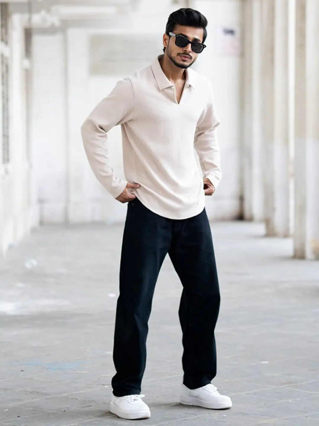 Men’s Premium Open Collar Long Sleeve T-Shirt – Cream Beige