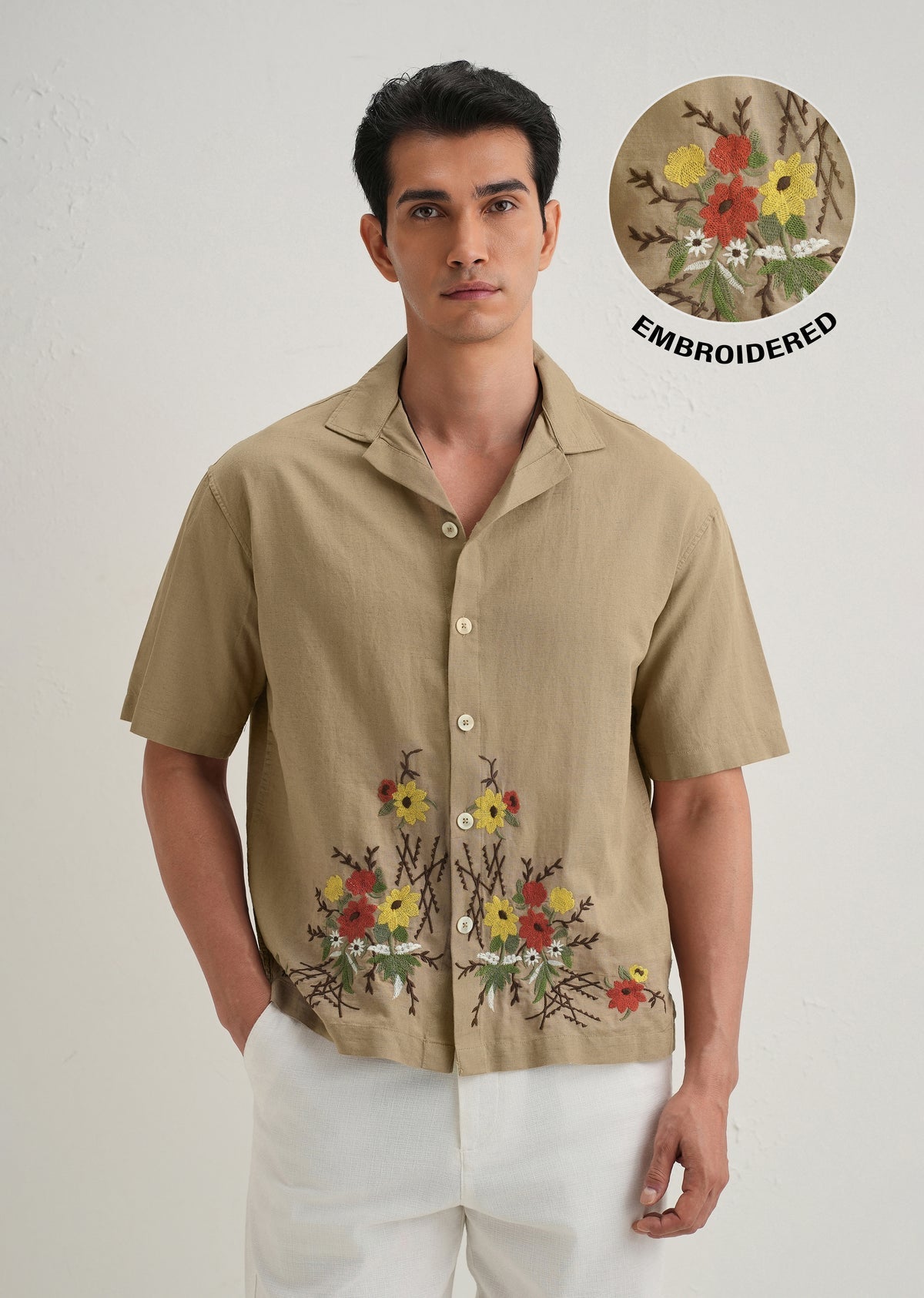 Beige floral embroidery shirt