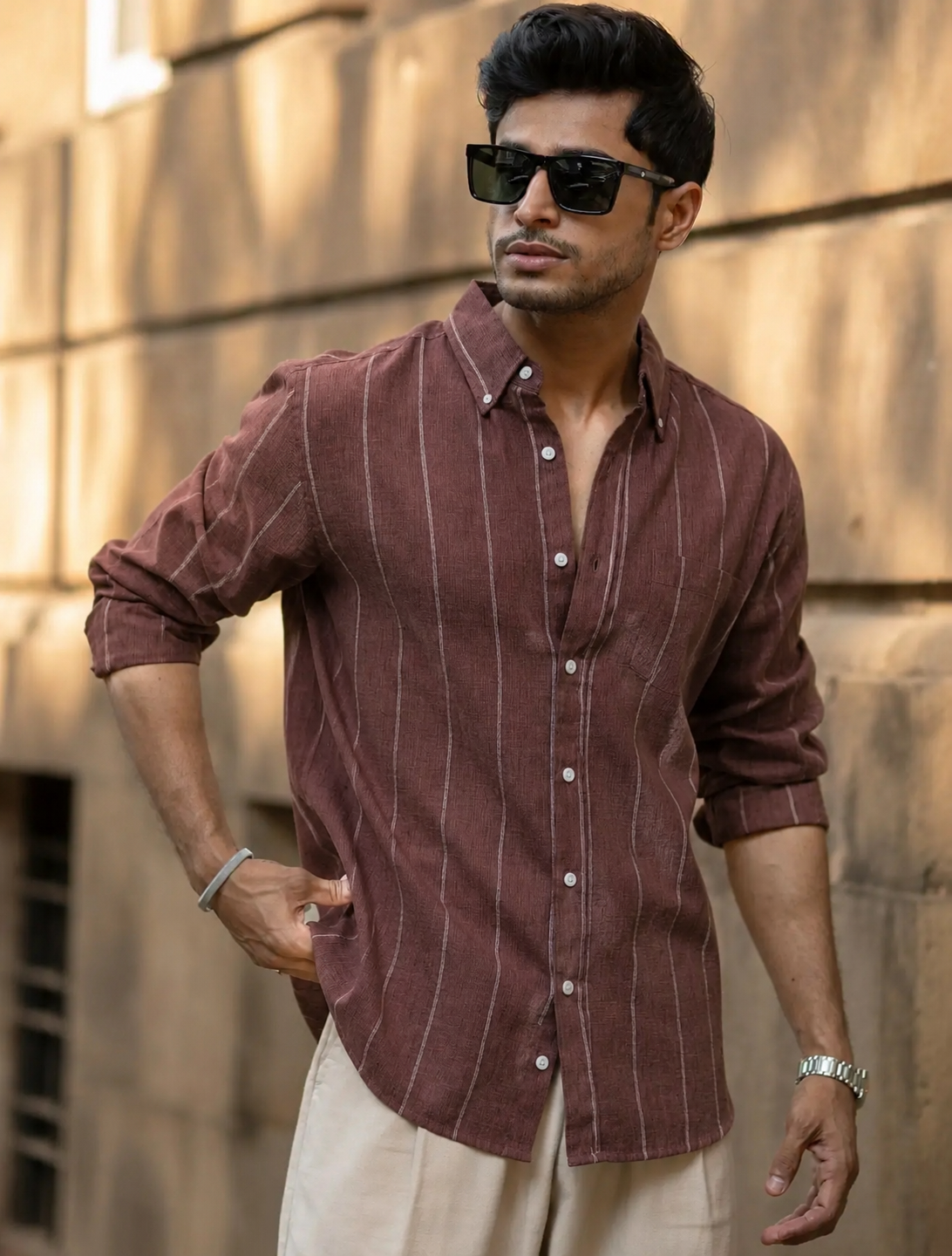 Brown linen blend stripe shirt