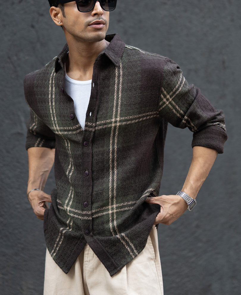 Men’s  Checked Shirt – Dark Olive Brown