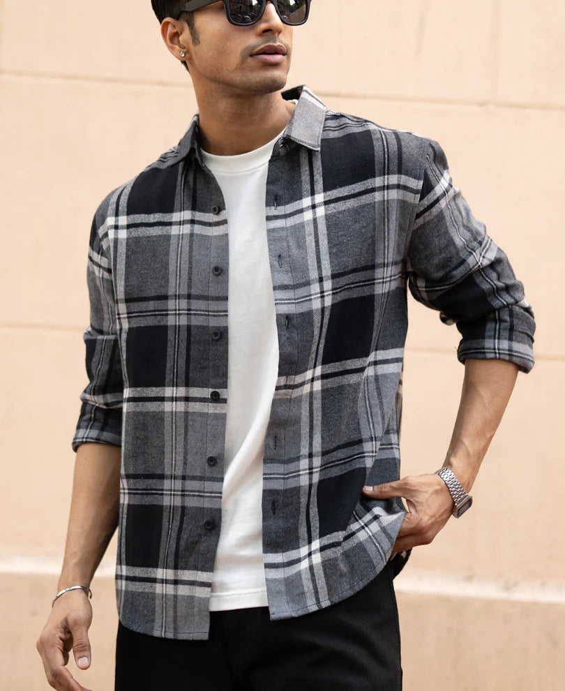Men’s Checked Flannel Shirt – Grey & Black