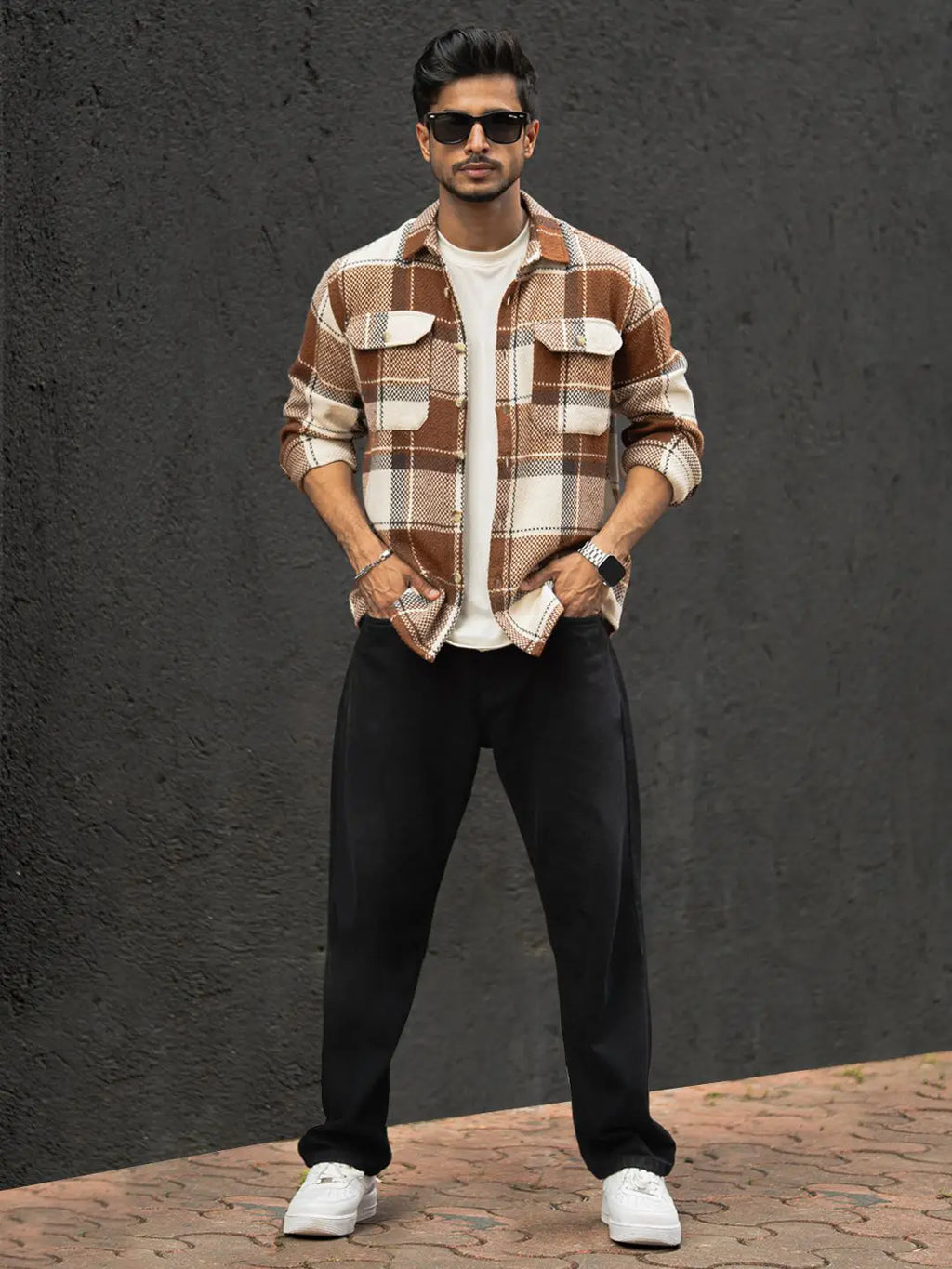 Brown & off white checked regular fit shirt