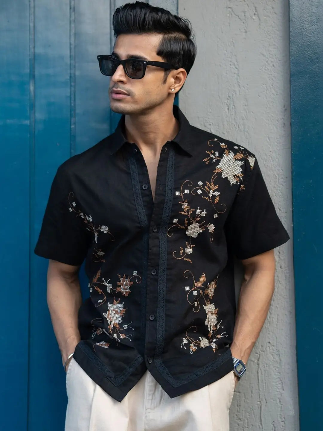 Floral Embroidered spread collar shirt