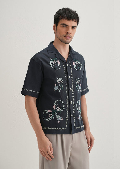 Black floral embroidered crop shirt