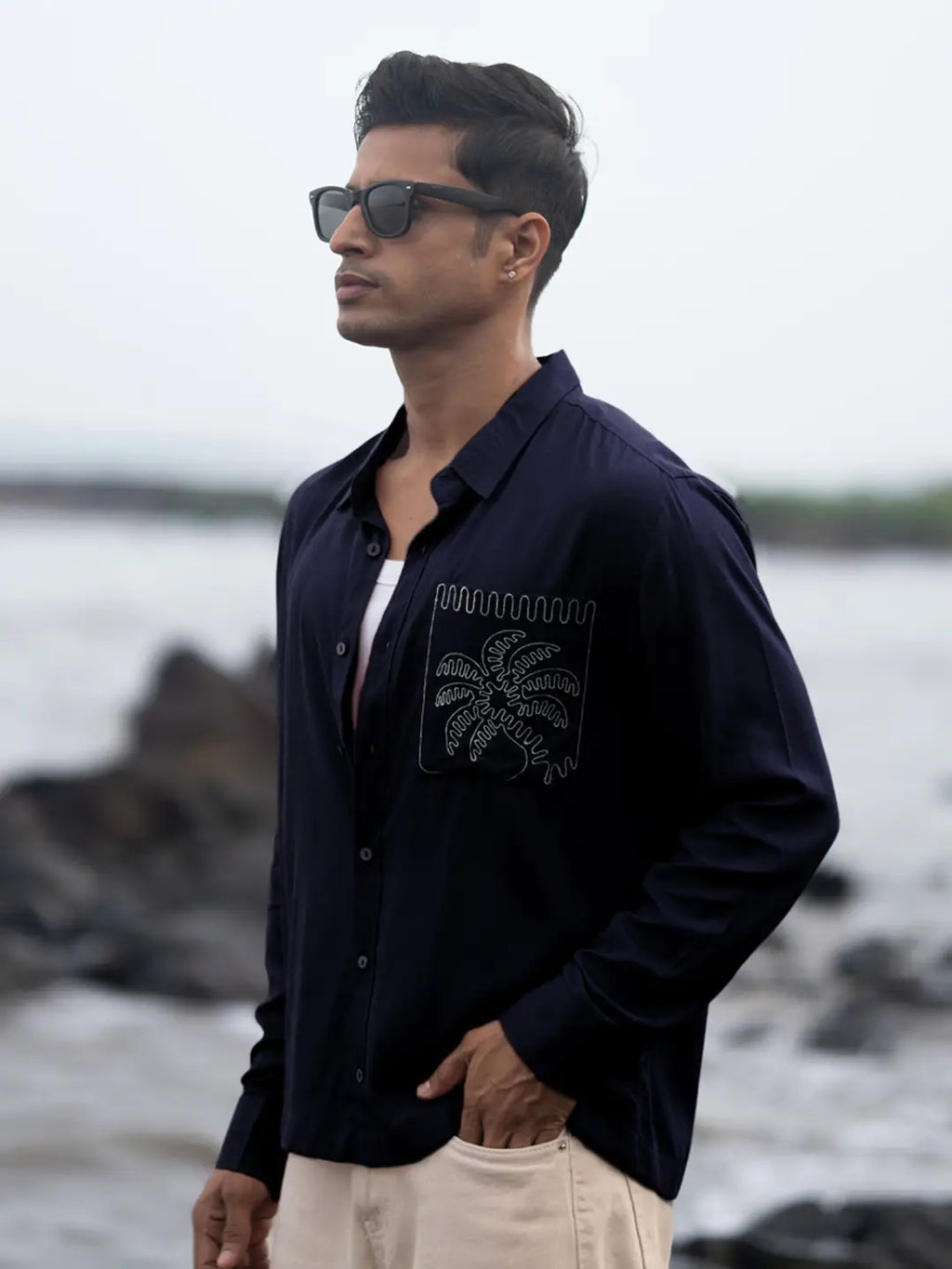 Navy linen blend Embroidery shirt