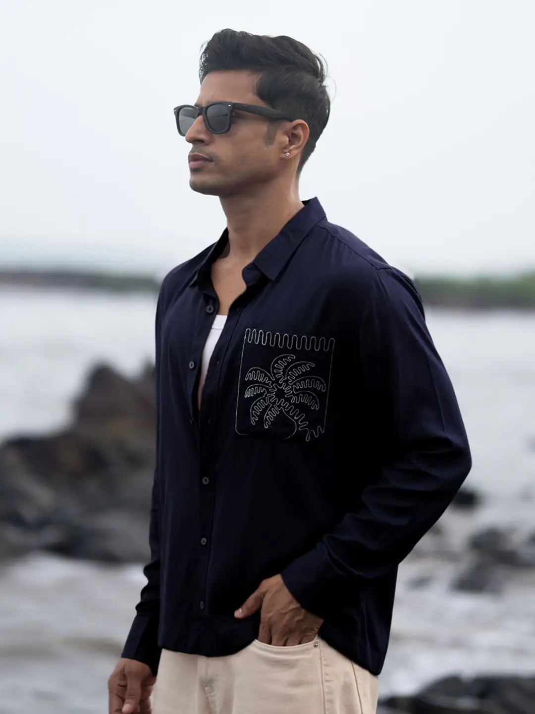 Navy linen blend Embroidery shirt