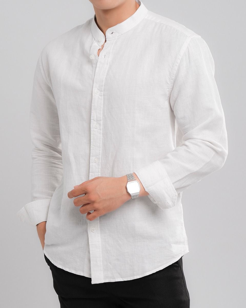 White Mandarin Collar Linen Blend Shirt