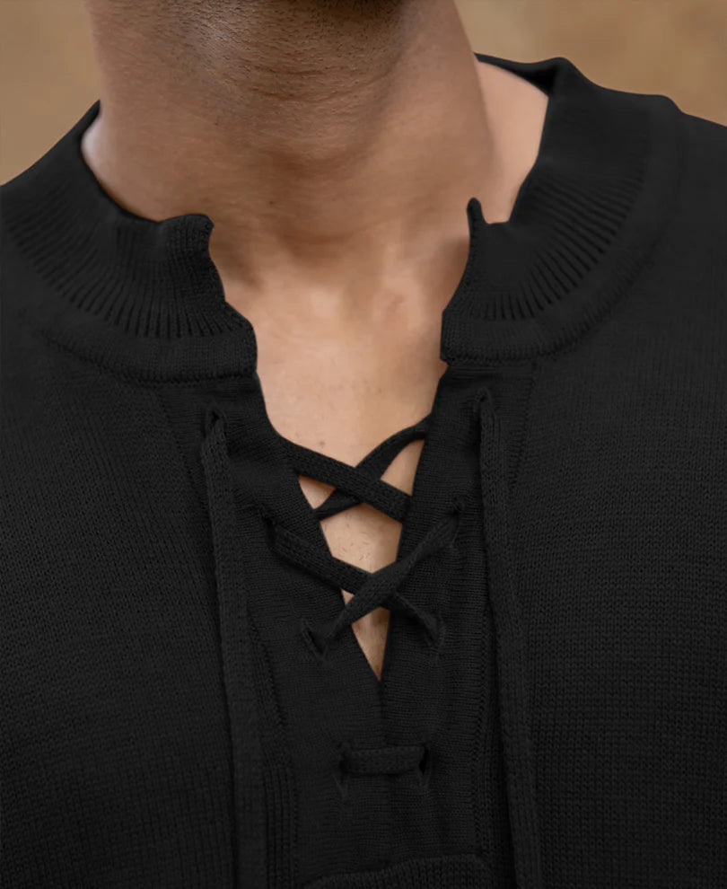 Men’s Knit Lace-Up Sweatshirt – Black