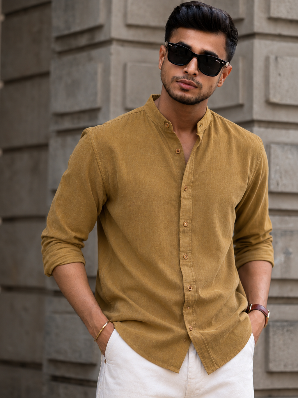 Mustered Textured Mandarin - Collar Shirt