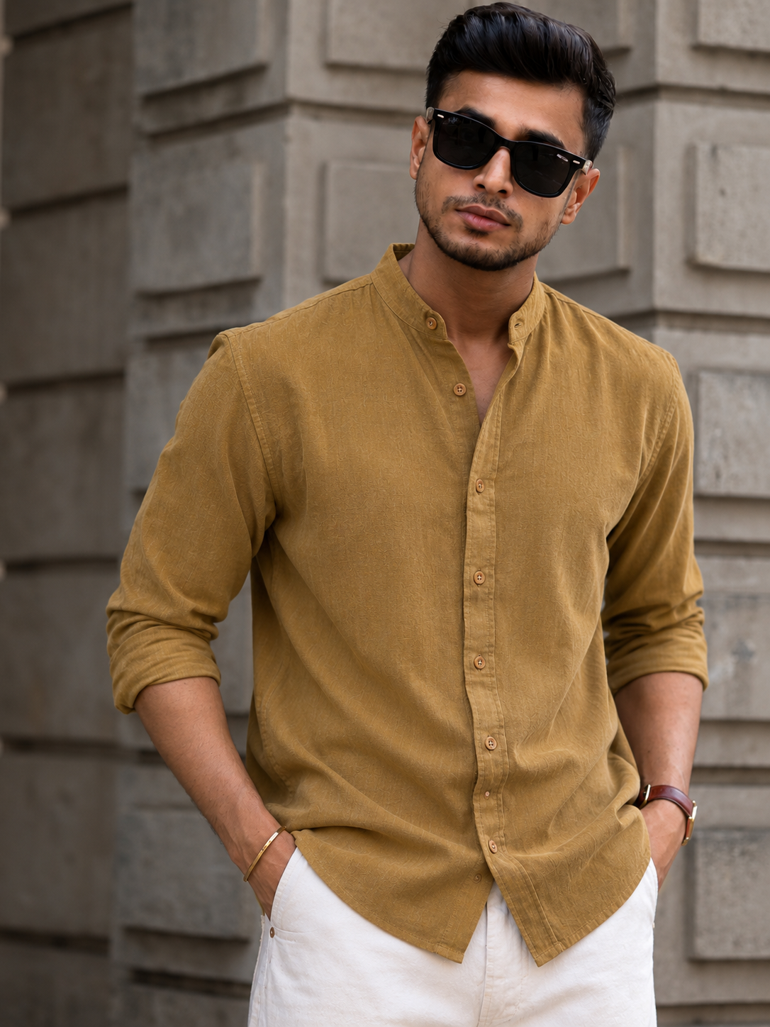 Mustered Textured Mandarin - Collar Shirt