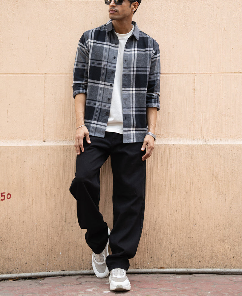 Men’s Checked Flannel Shirt – Grey & Black