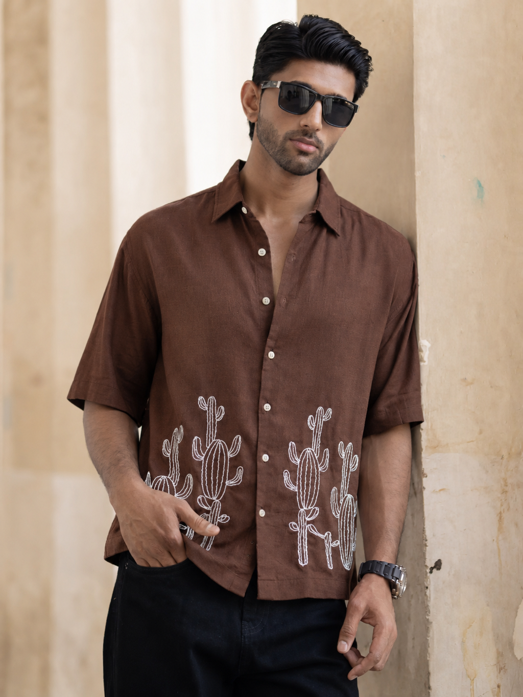 Brown Linen Blend Embroidered Shirt