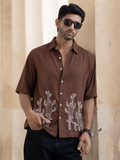 Brown Linen Blend Embroidered Shirt