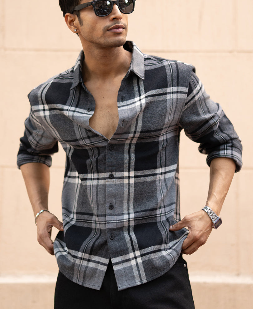 Men’s Checked Flannel Shirt – Grey & Black