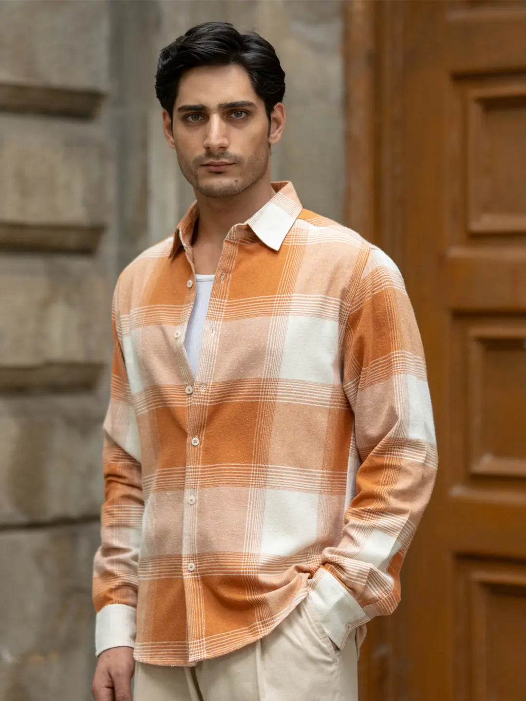 Rust Checked Spread Collar Long Sleeve Shirt