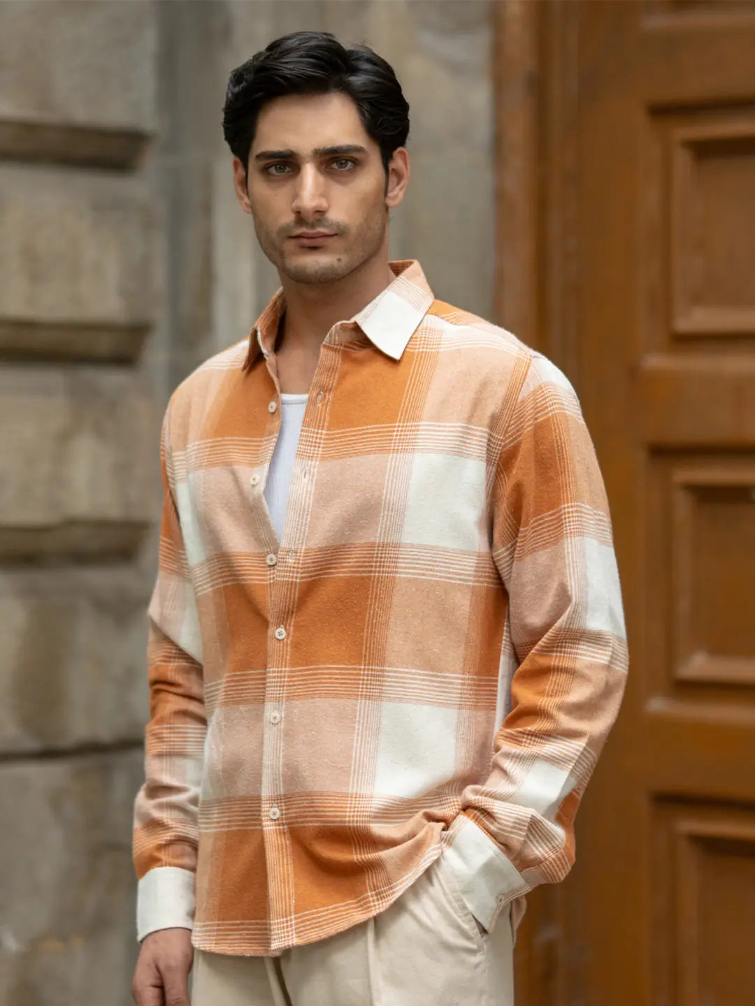 Rust Checked Spread Collar Long Sleeve Shirt