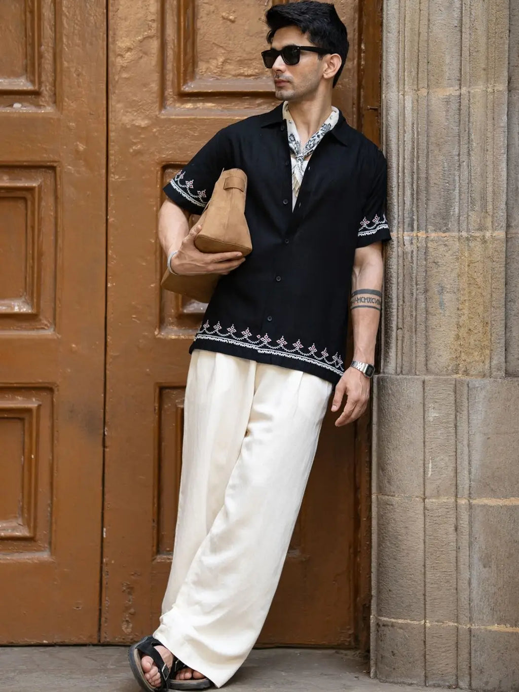 Black Embroidered Linen Shirt