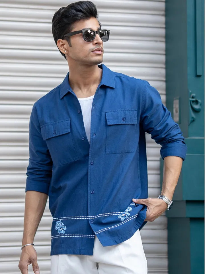 Blue embroidery utility shirt