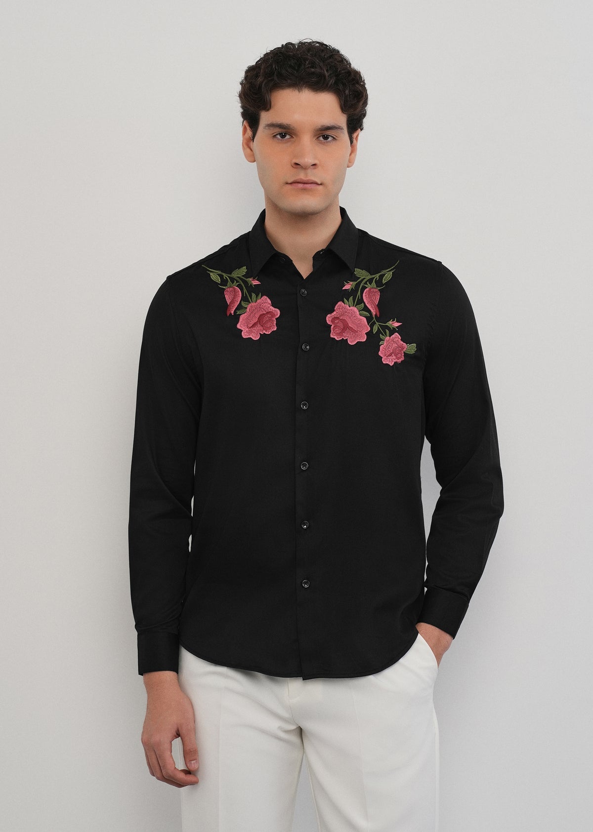 Black floral embroidery shirt currently stock