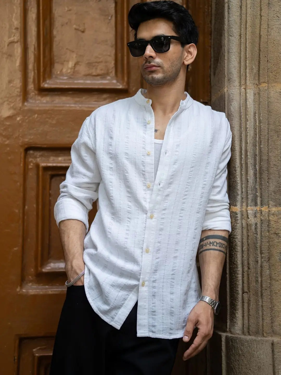 White Textured Mandarin- collar Shirt