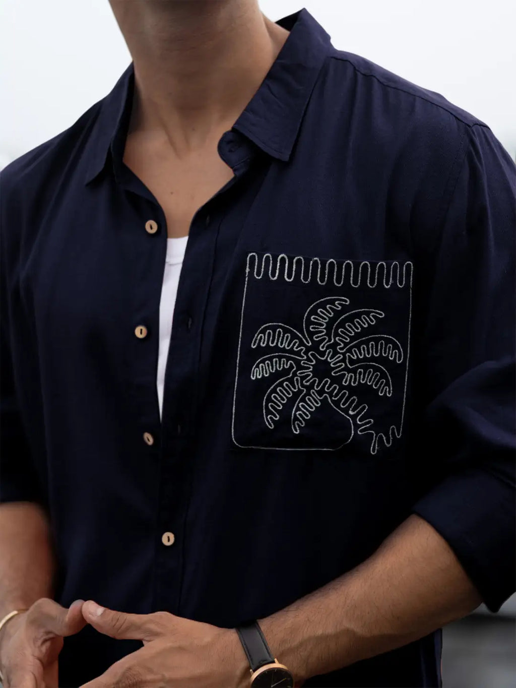 Navy linen blend Embroidery shirt