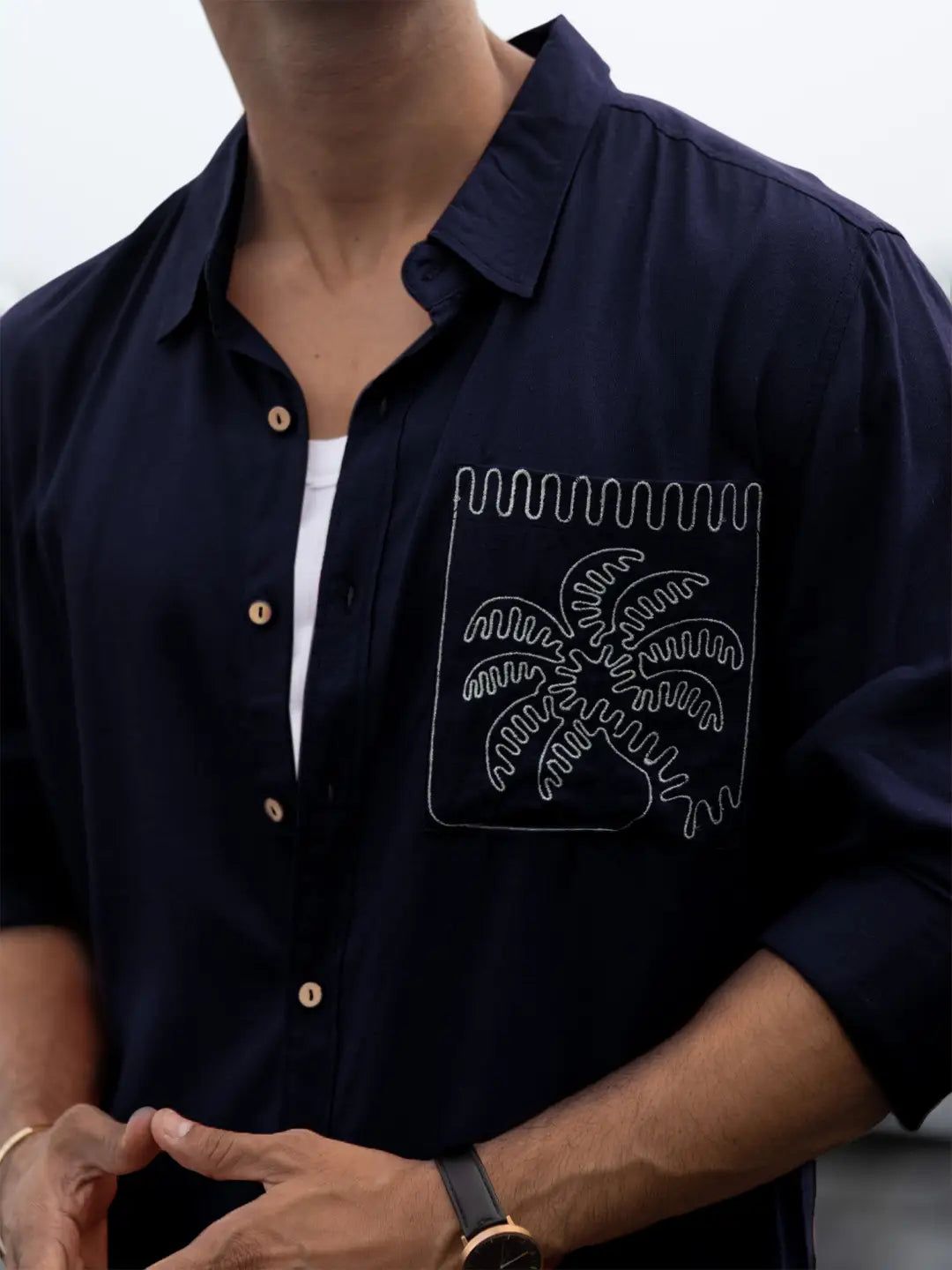 Navy linen blend Embroidery shirt