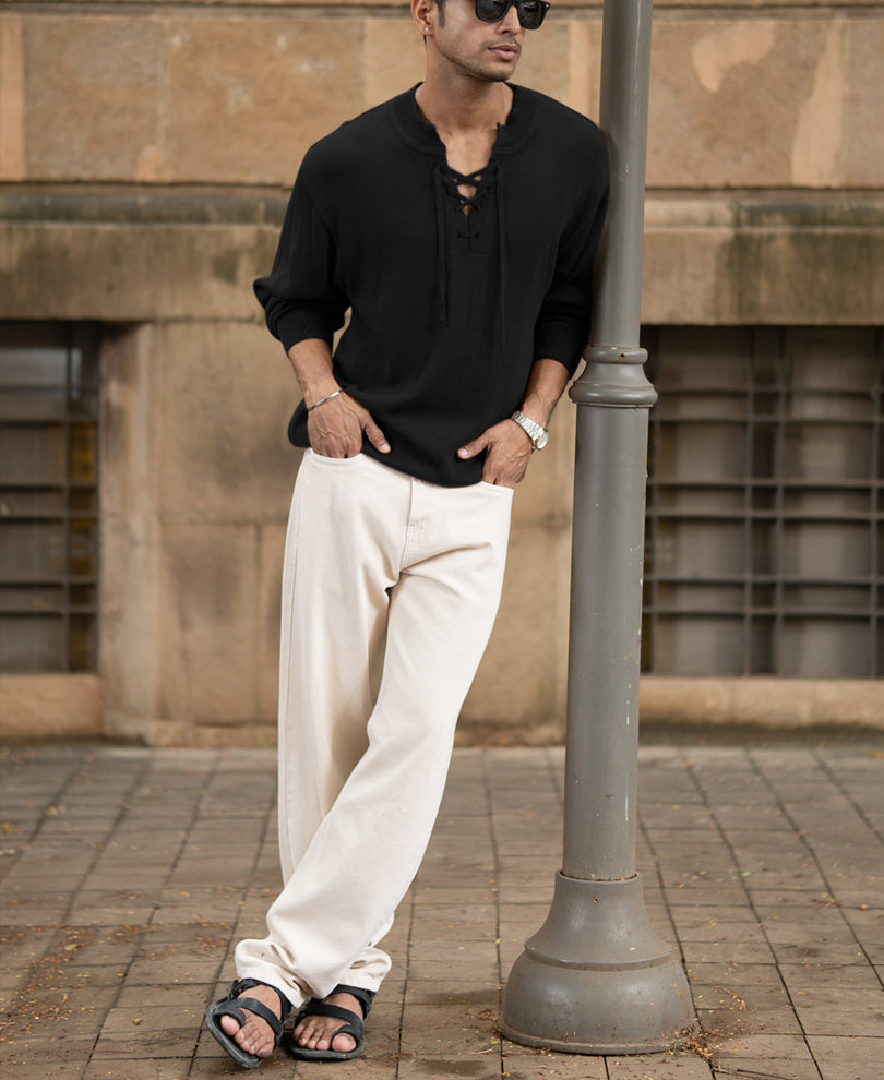 Men’s Knit Lace-Up Sweatshirt – Black
