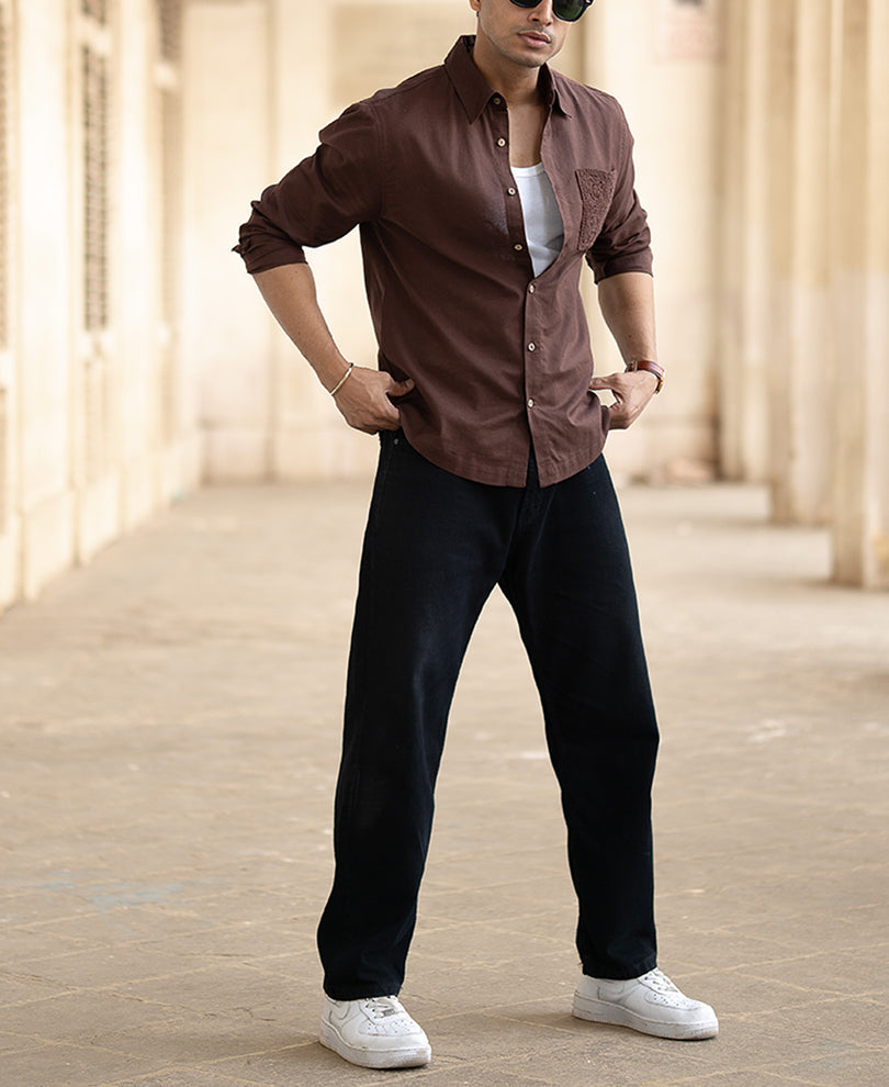 Men’s Premium Casual embroidered Shirt – Coffee Brown