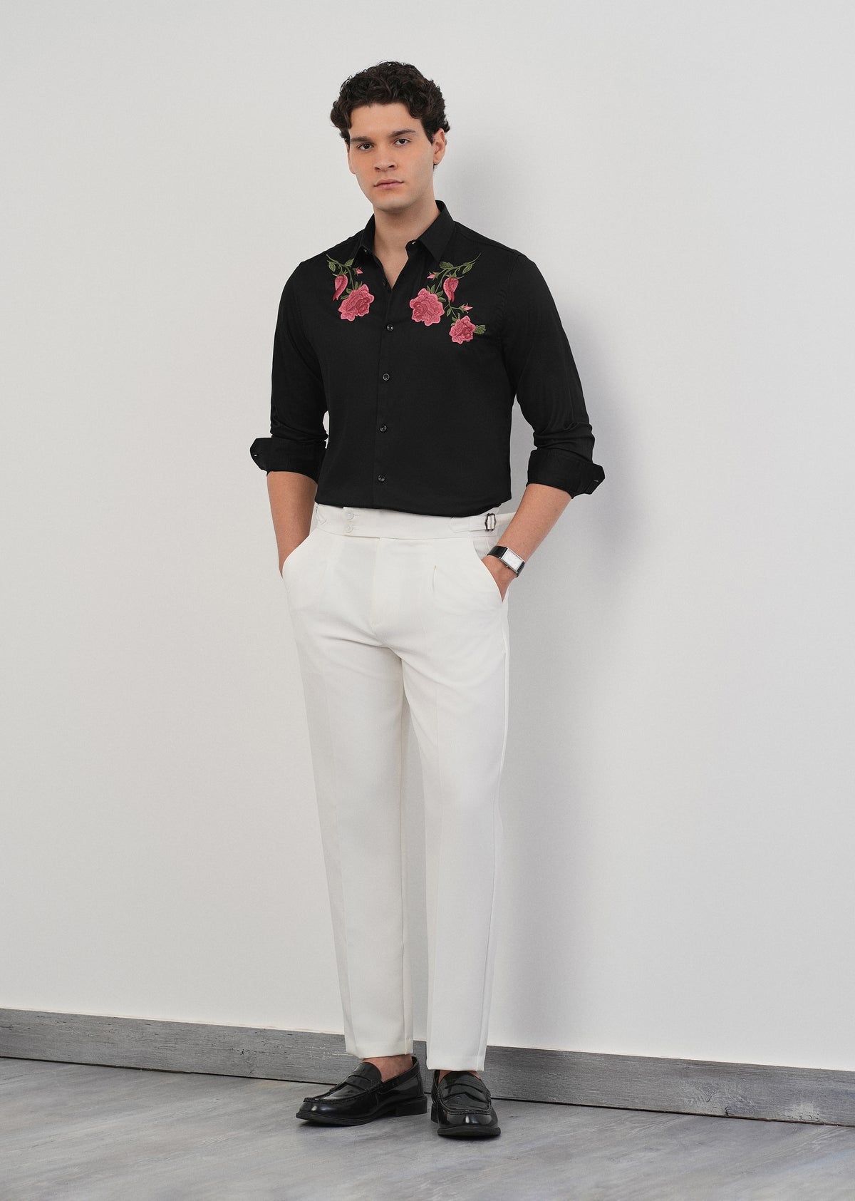 Black floral embroidery shirt currently stock