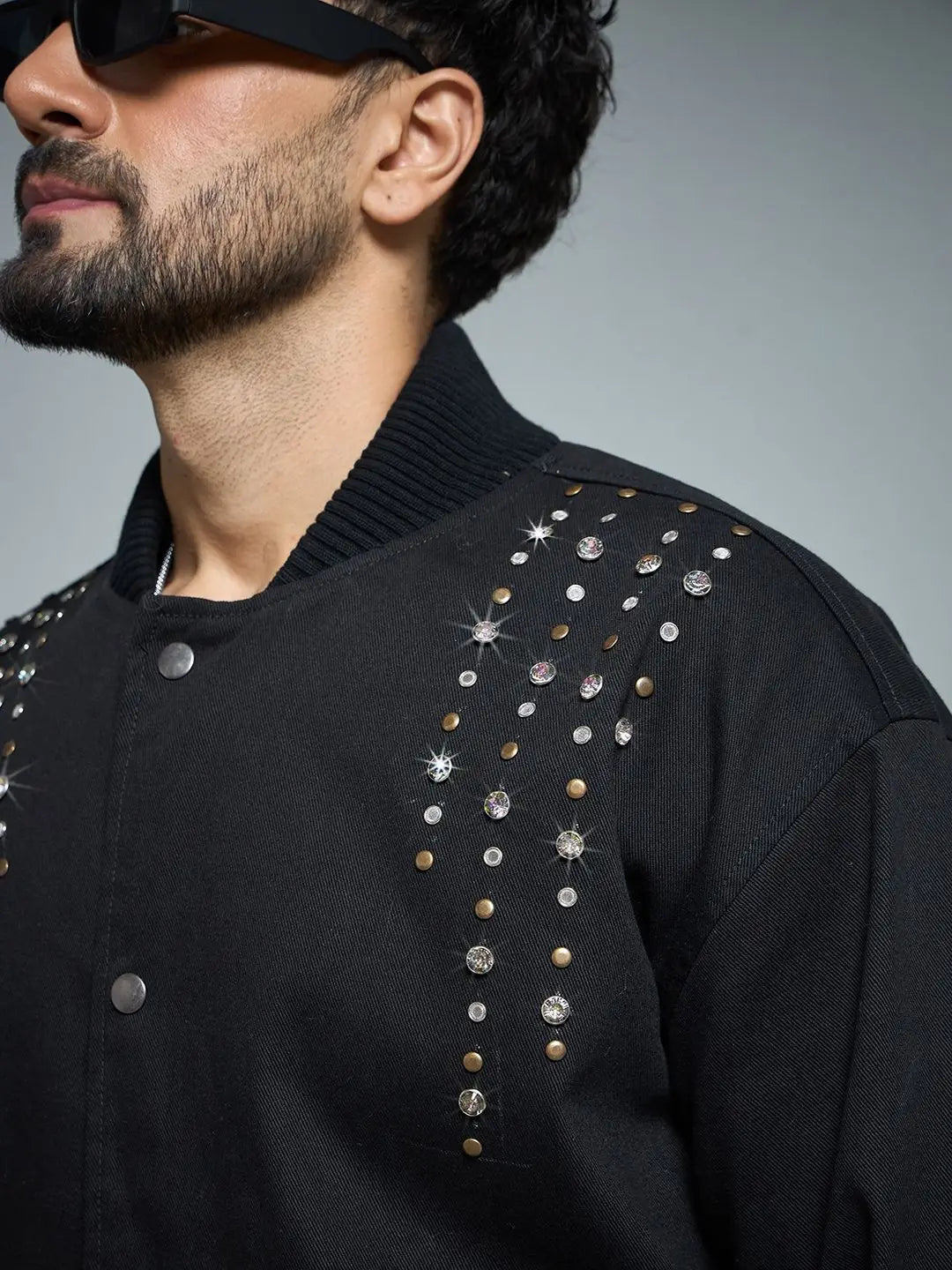 Men’s Black Studded Bomber Jacket – Urban Luxe Edition