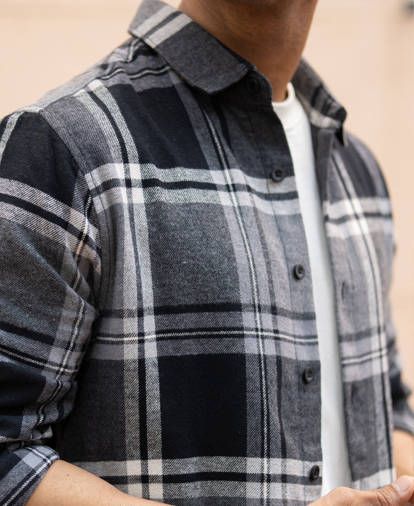 Men’s Checked Flannel Shirt – Grey & Black