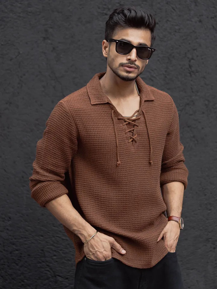 Textured lace-up knit shirt