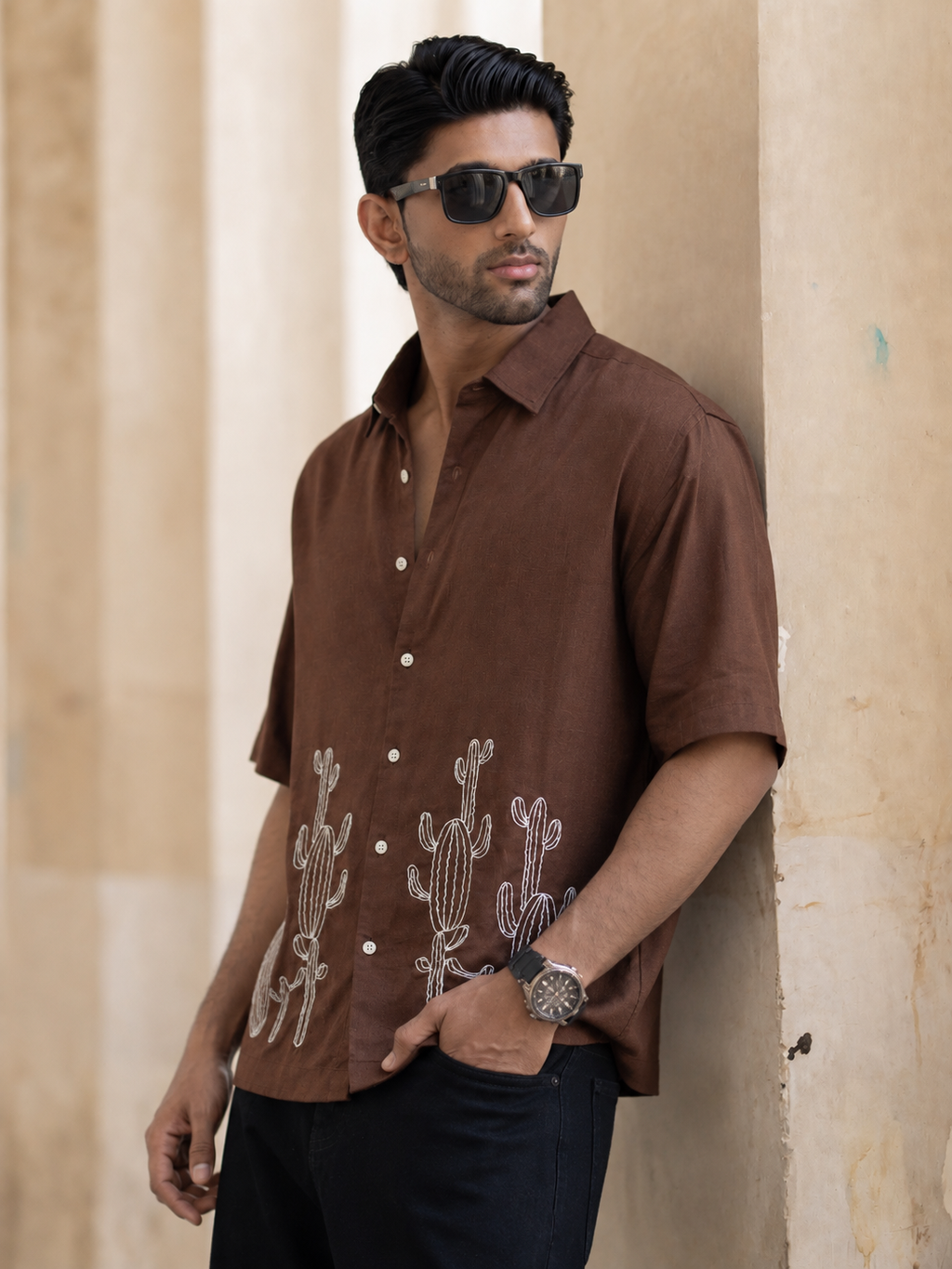 Brown Linen Blend Embroidered Shirt