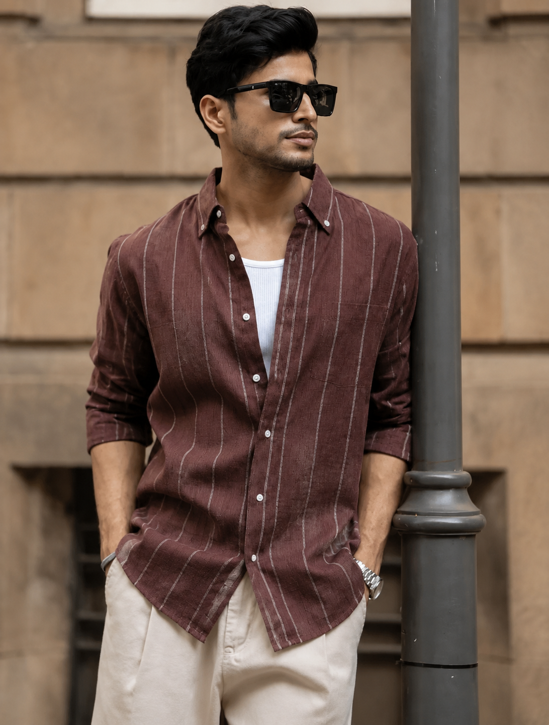 Brown linen blend stripe shirt