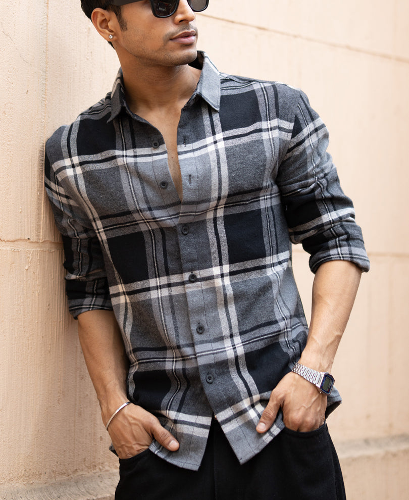 Men’s Checked Flannel Shirt – Grey & Black