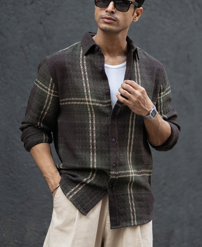 Men’s  Checked Shirt – Dark Olive Brown