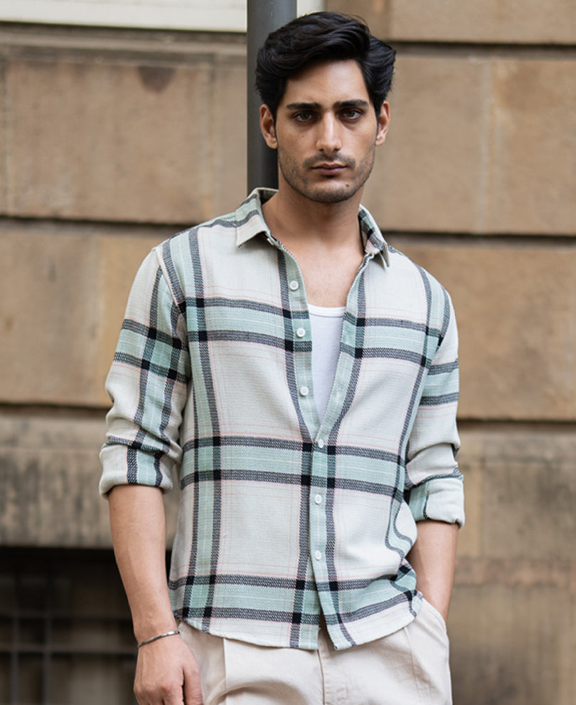 Men’s Premium Check Casual Shirt – Sage Beige