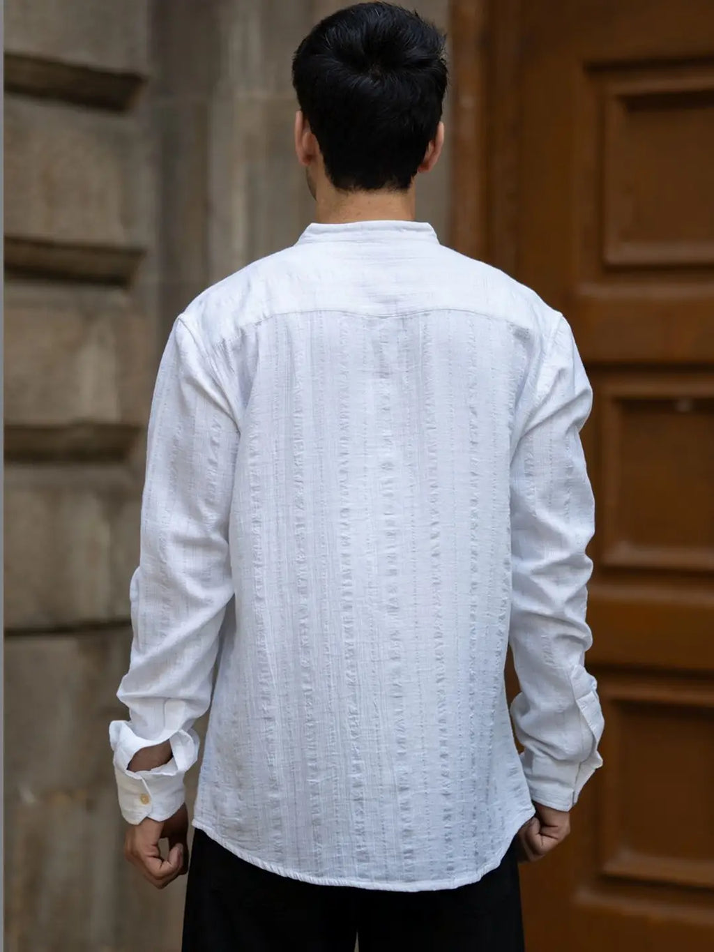 White Textured Mandarin- collar Shirt