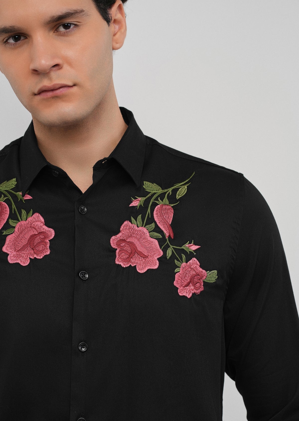 Black floral embroidery shirt currently stock