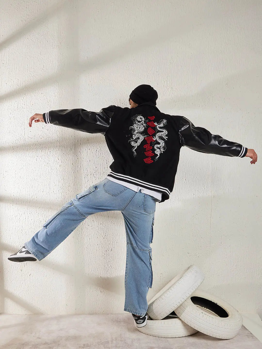 Fugazee Men’s Black Varsity Jacket – Faux Leather Sleeve Edition